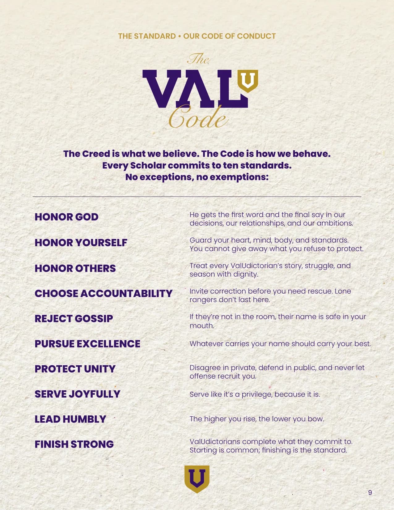 Page 9 of 24 of the Scholar's Guide: The Code. Ten standards. No exemptions.