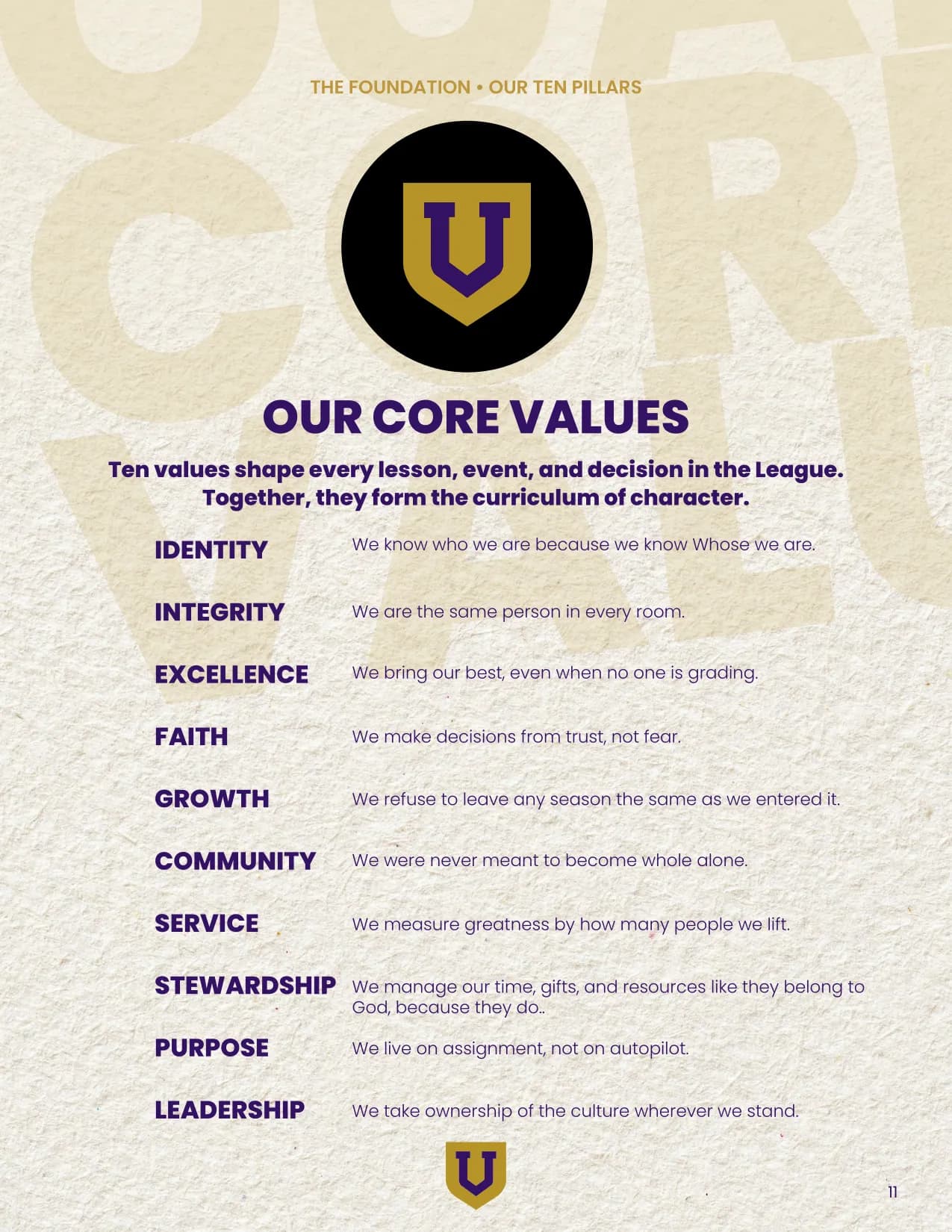 Page 11 of 24 of the Scholar's Guide: Our Core Values. The curriculum of character.