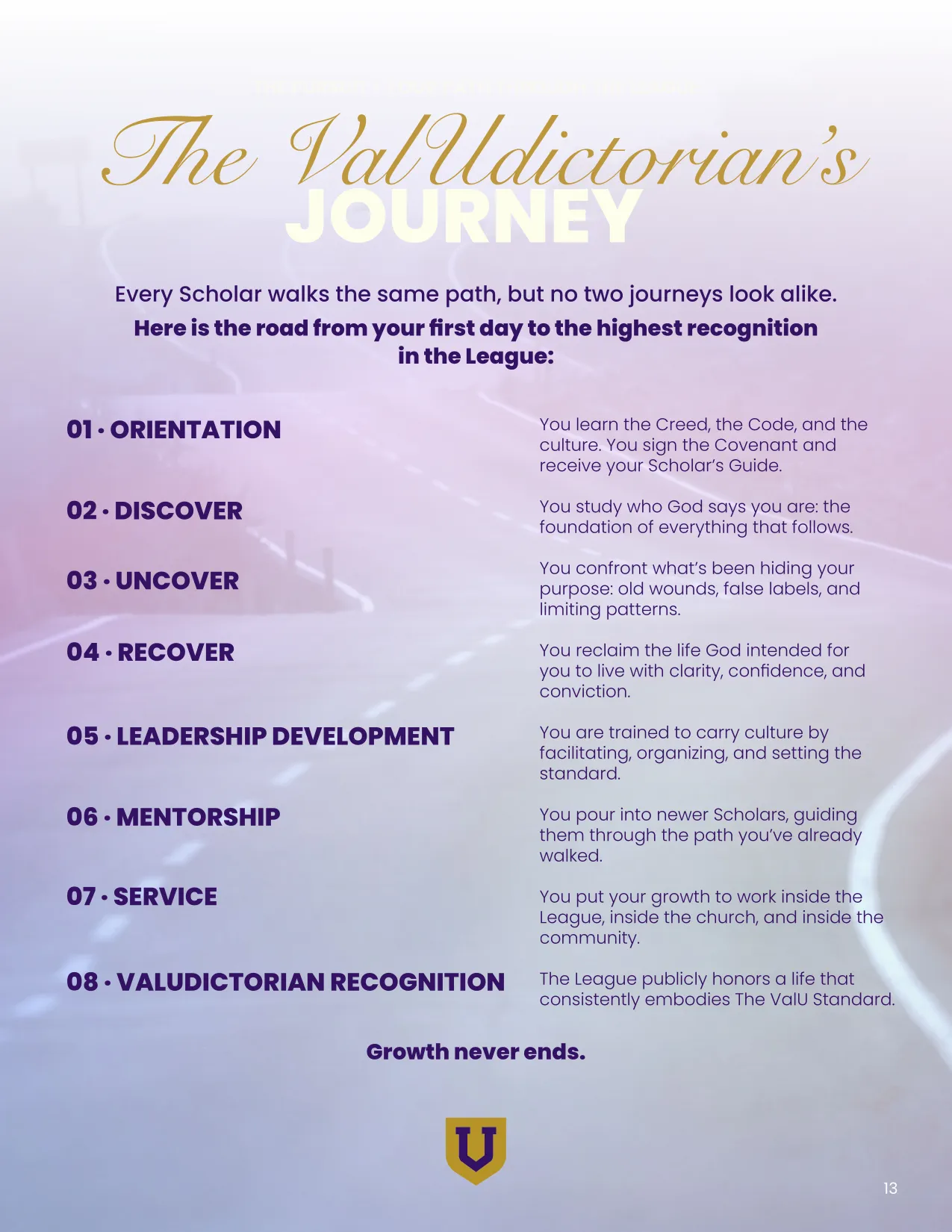 Page 13 of 24 of the Scholar's Guide: The ValUdictorian's Journey. Eight stages. Growth never ends.