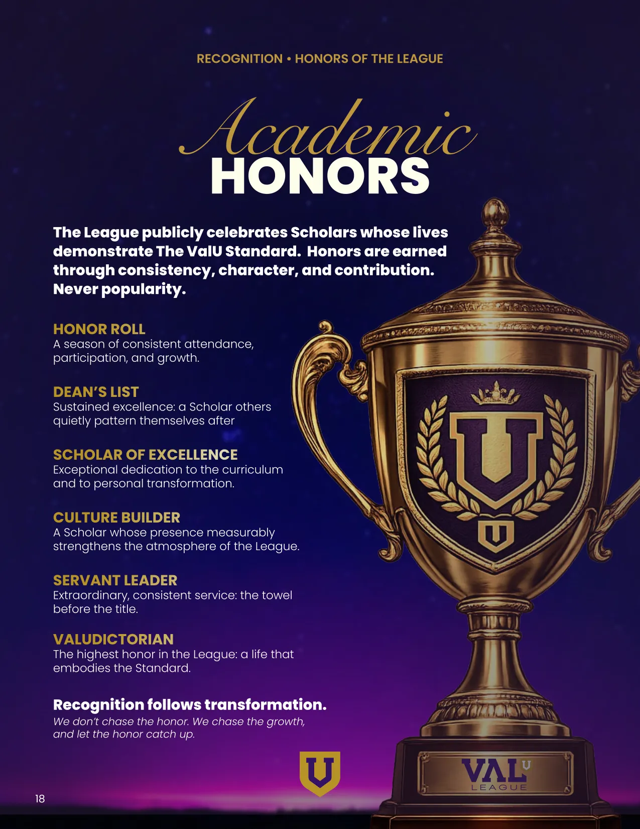 Page 18 of 24 of the Scholar's Guide: Academic Honors. Consistency, character and contribution.