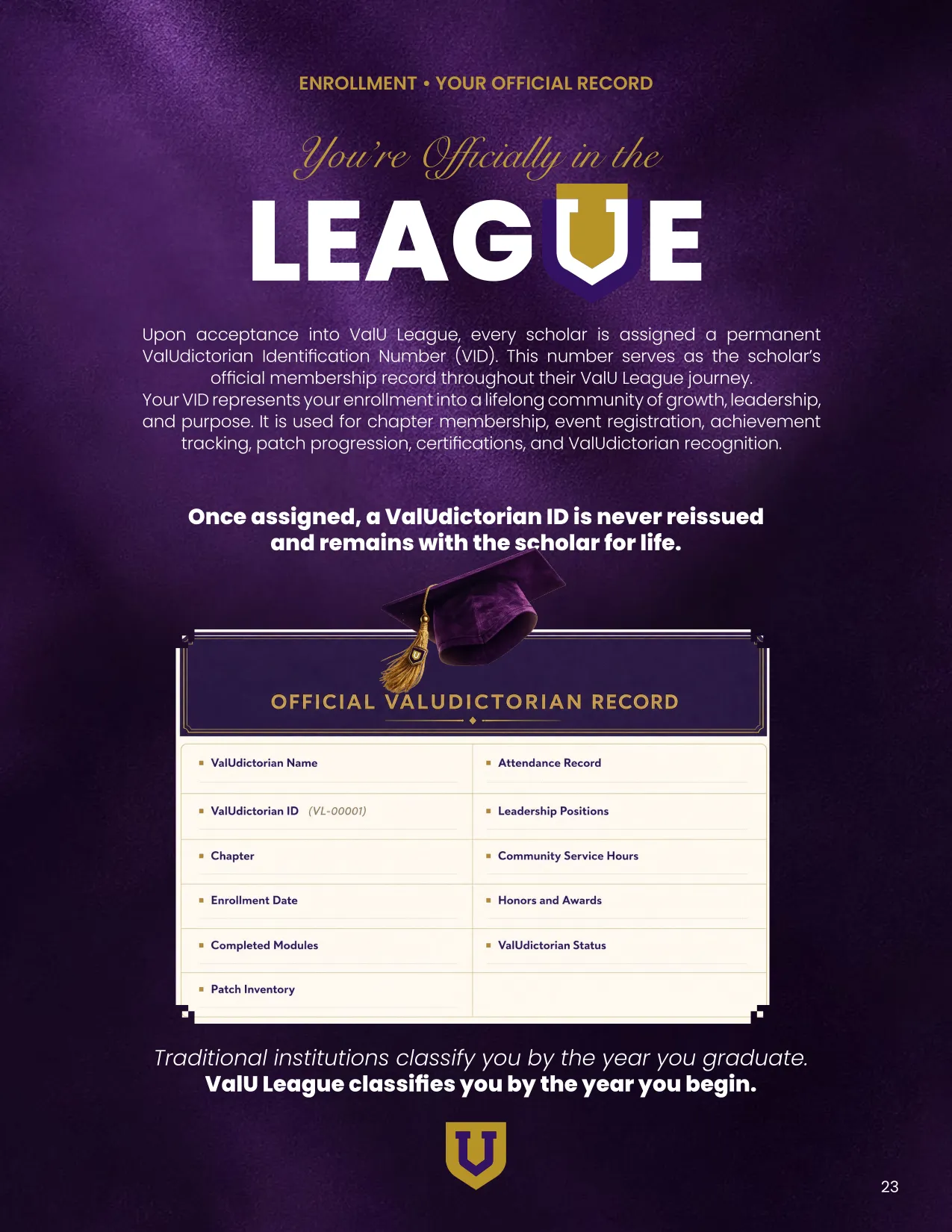 Page 23 of 24 of the Scholar's Guide: You're Officially in the League. This number serves as the scholar's official membership record throughout their ValU League journey.
